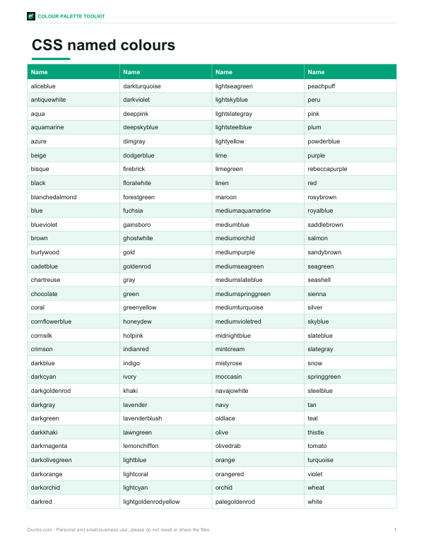 Preview of Printable Named Colours Chart